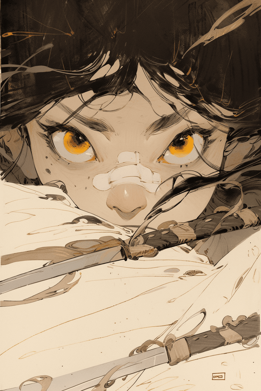 AI generated: extreme close-up, Epic ink bending shotPOV view, First person, huge Chinese bladeattackingthe viewer...