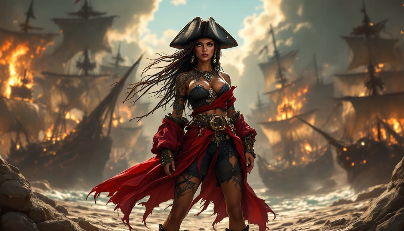 AI generated:  animation, cartoon, Full body with standing on earth view A commanding Native Caribbean pirate capt...