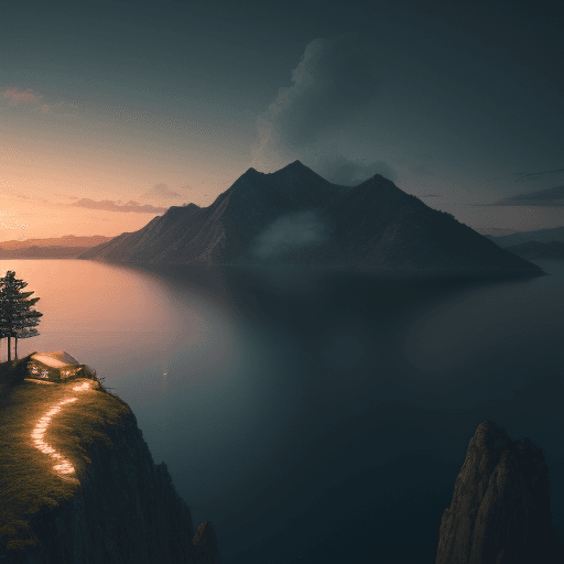 AI generated: create a picture where a person lives alone on the mountainous island, only one person available,  t...