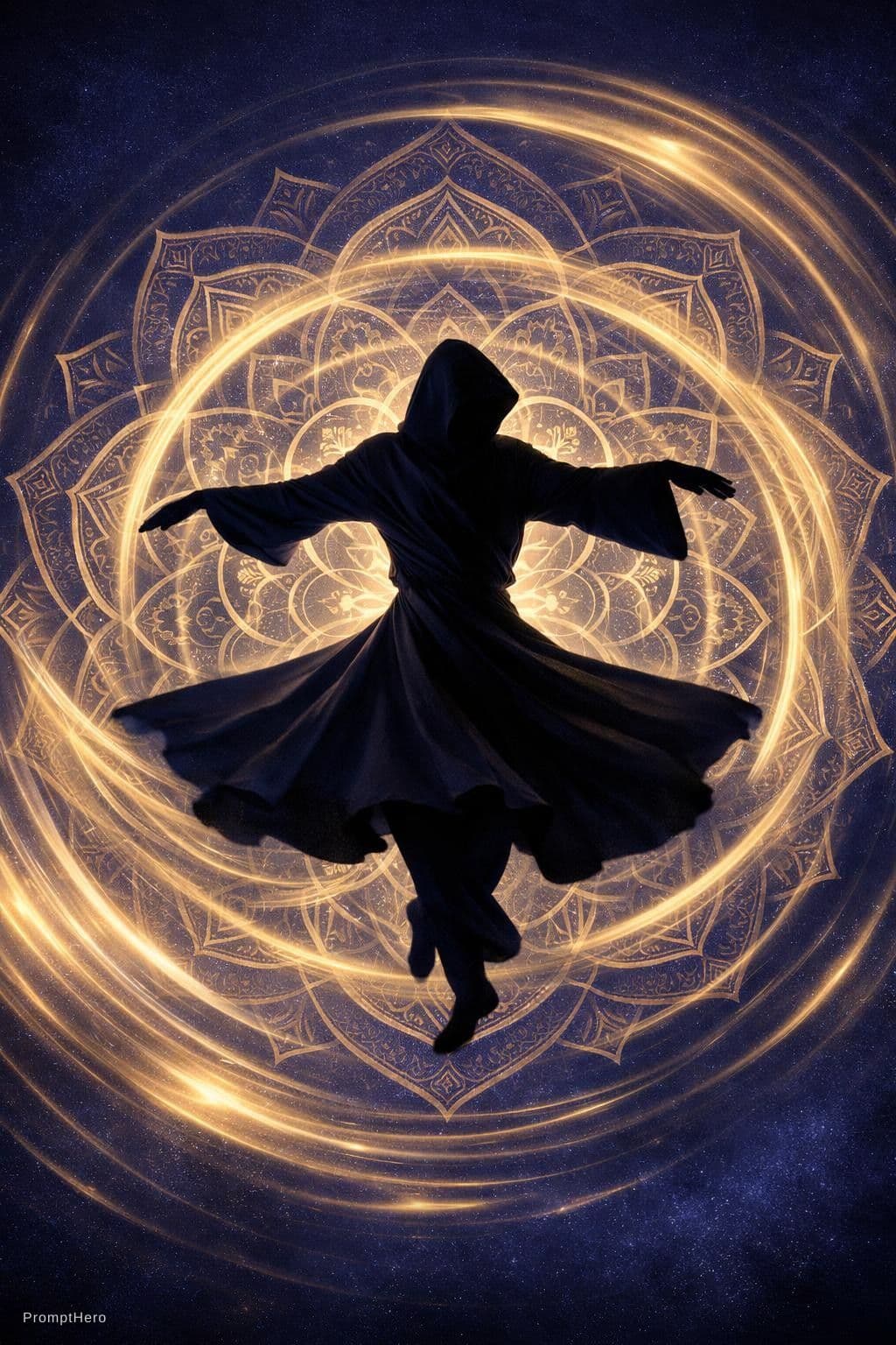 AI generated: spinning dancer optical illusion – silhouette of a spinning hooded figure that rotates clockwise and...