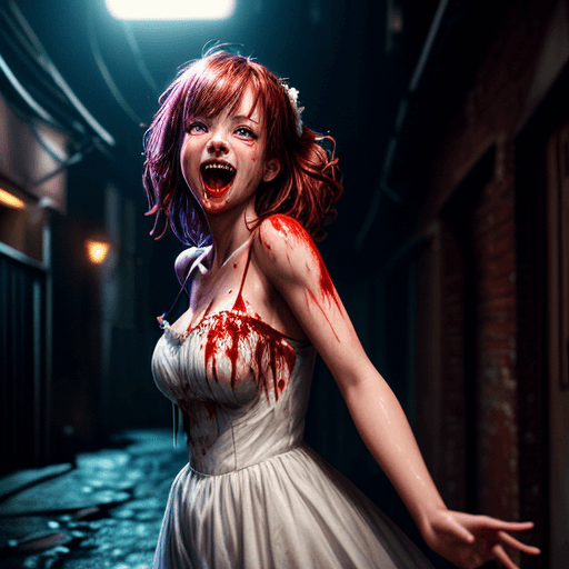 AI generated: (a girlfriend), (wearing a blood-soaked white dress:1. 3), (dark alley, night, raining:1. 3), (glowi...