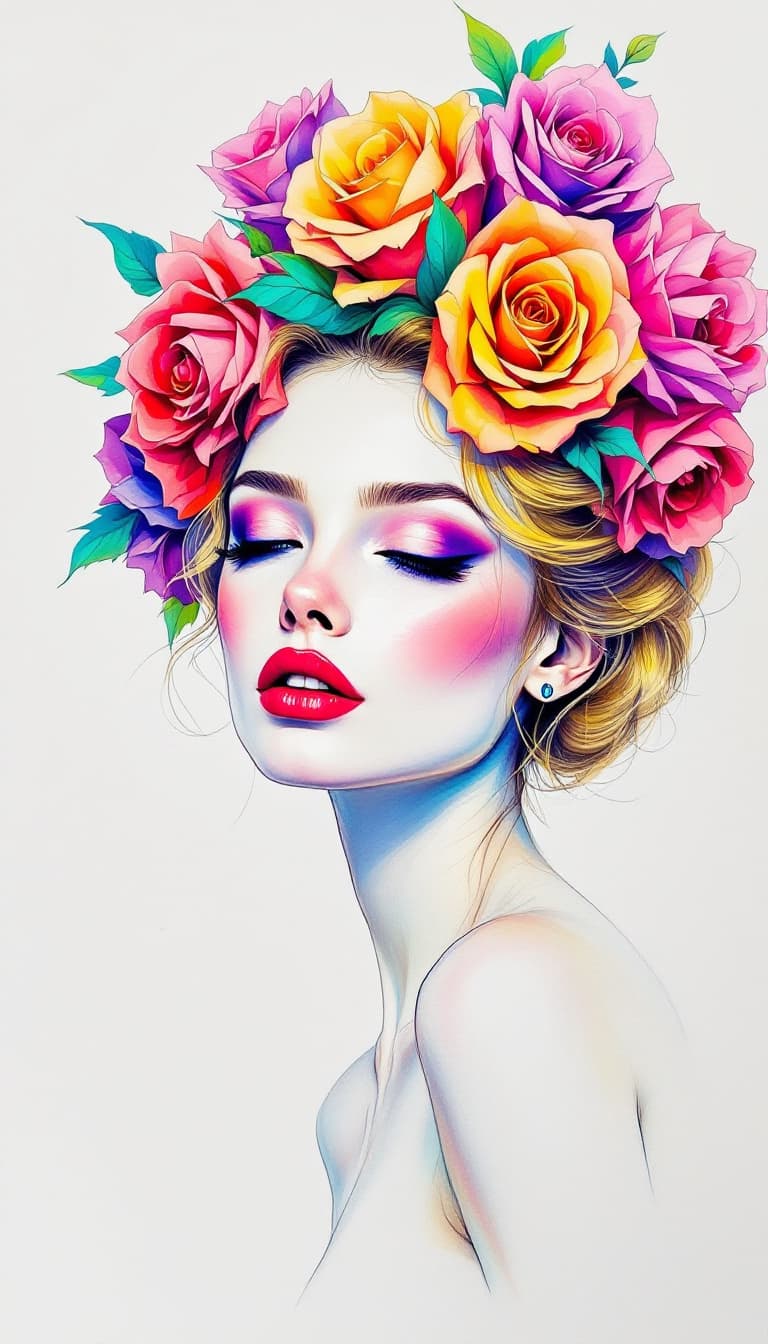 AI generated: A captivating and vibrant sketch drawing of a sophisticated woman, adorned with bold, bright hues of...