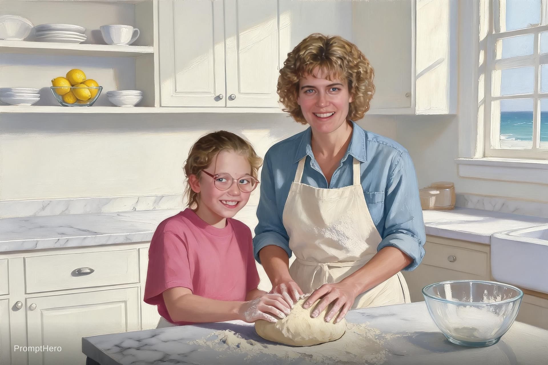 AI generated: Create a oil paint rendering  of THIS woman and her daughter  baking in a bright white coastal kitch...