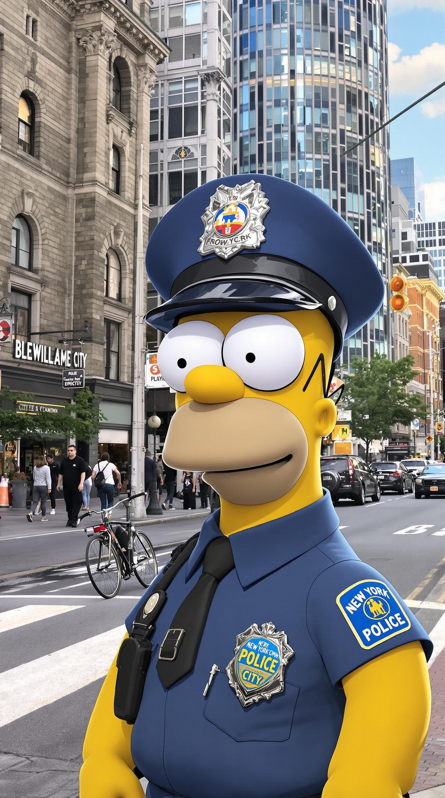 AI generated: Homer Simpson wearing a New York City police uniform posing on a street in the middle of New York