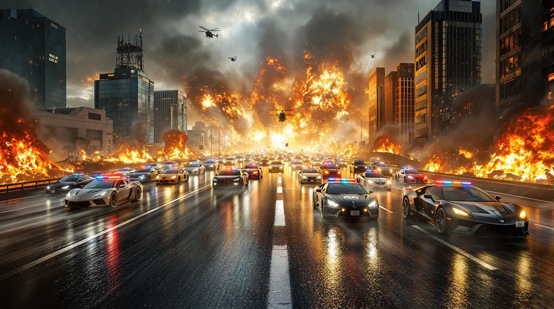 AI generated: Picture a cinematic, high-stakes action scene unfolding on a rain-slicked highway, where every drop ...