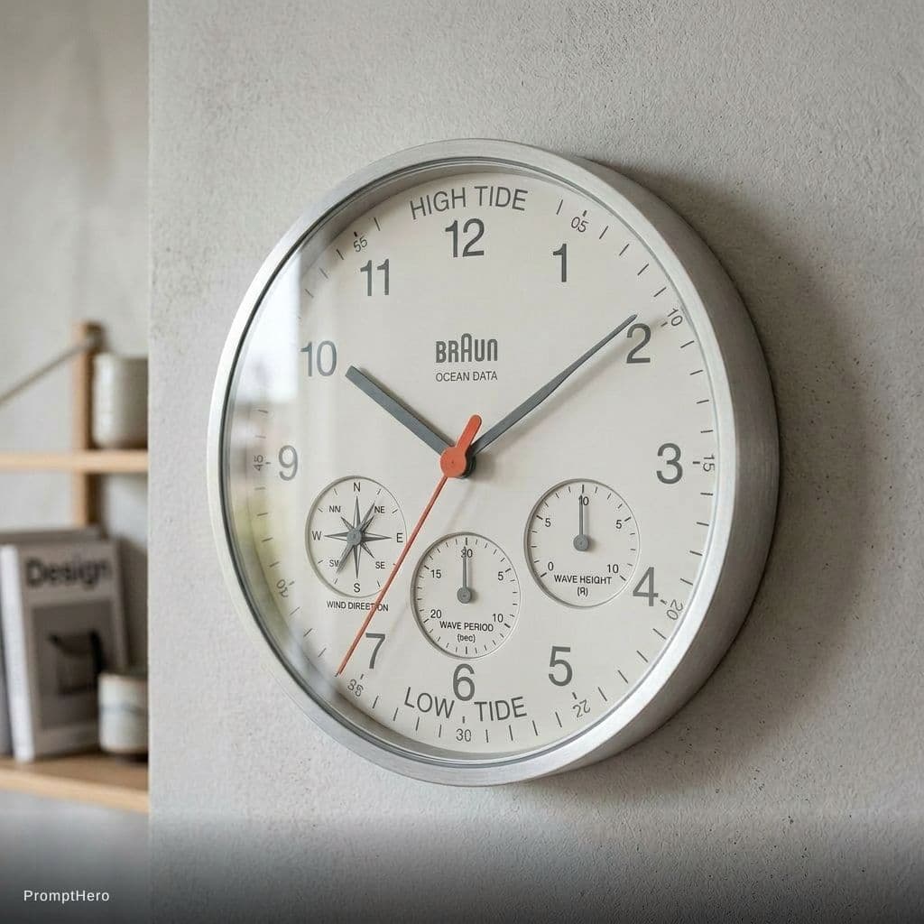 AI generated: Using this clock creates a clock that for its main arm points out what tide it is for a surfer. So a...