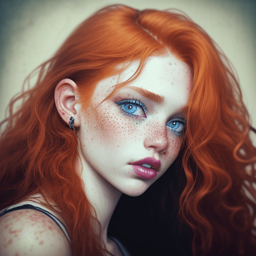 AI generated: grunge style photograph of ginger female instagram model close up, beautiful, long curly hair, notic...