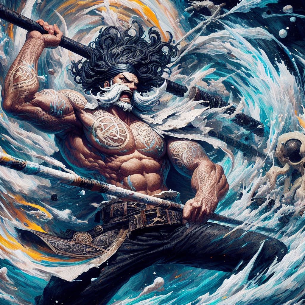 AI generated: "painterly style, muscular (Edward Newgate from One Piece) fighting at war using his giant pirate sp...