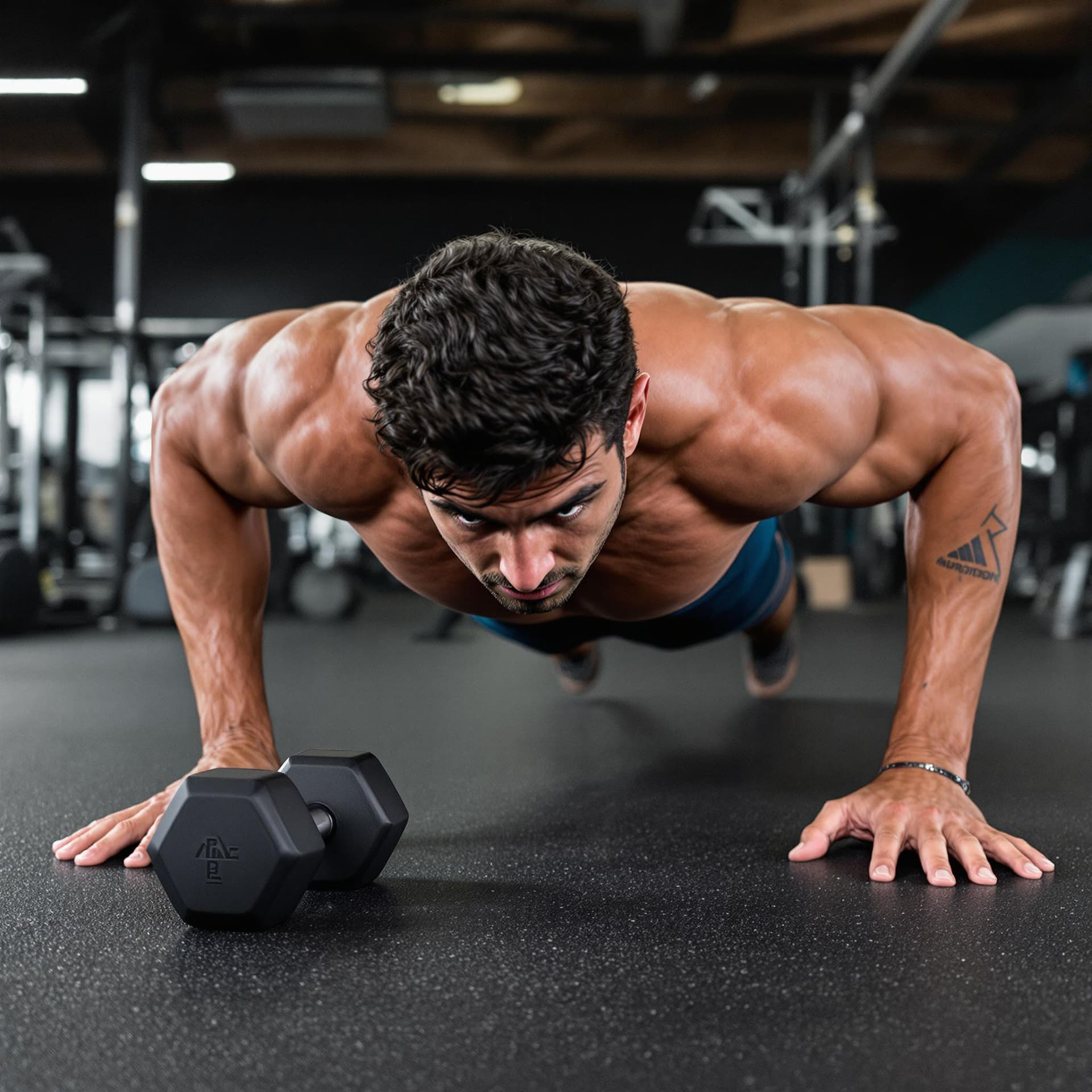 AI generated: man doing push up exercise with dumbbell looking at camera