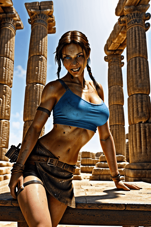 AI generated: Lara Croft character with gorgeous features.  The character has hair, big smile, and large, expressi...