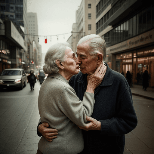 AI generated: RAW candid natural photograph of an elderly couple sharing an intimate moment in the midst of a bust...