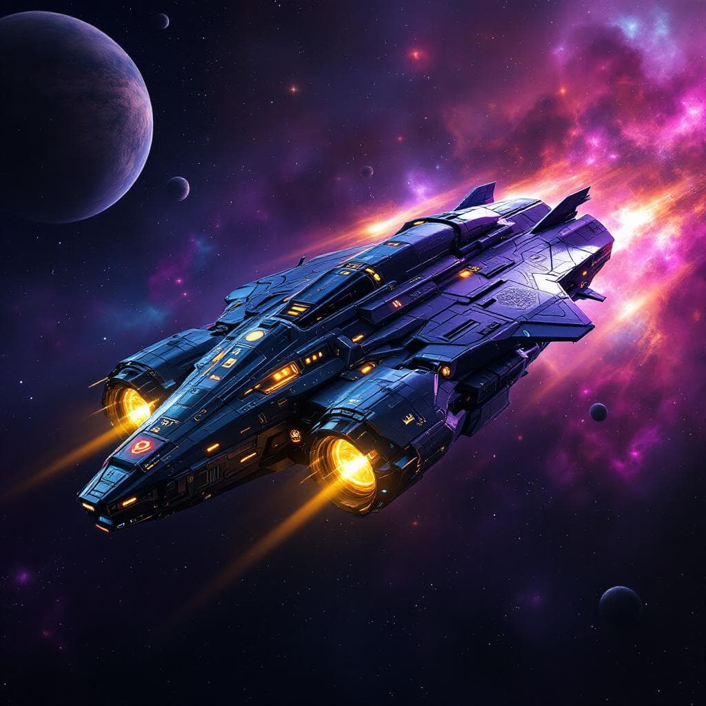 AI generated: Imagine, in detail, an alien spaceship to show a new design. An alien shuttle. Show it in deep space...