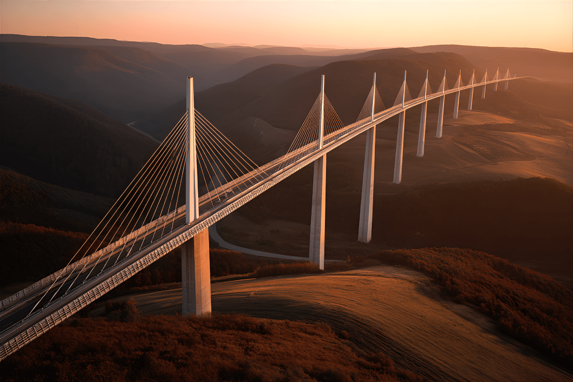 AI generated: Structural Expressionist bridge, , aerial view, sunrise light,  extreme wideangle shot