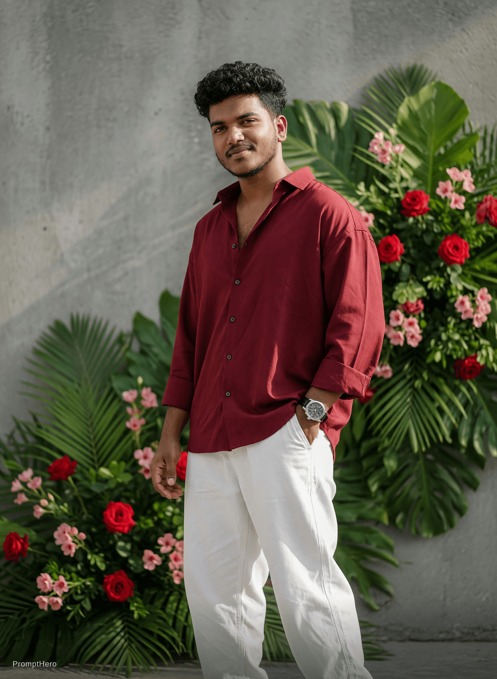 AI generated: confidence actions of a young man (refrence image given) with wearing an oversized dark red shirt wi...