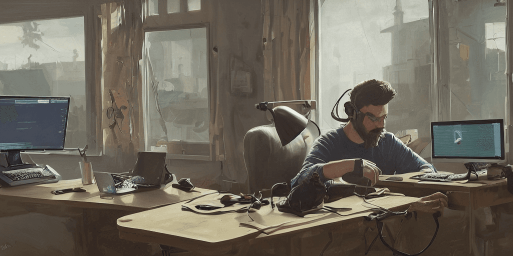 AI generated: Kaleb, busily coding away on his computer, was determined to create a new, exciting discord bot. in ...