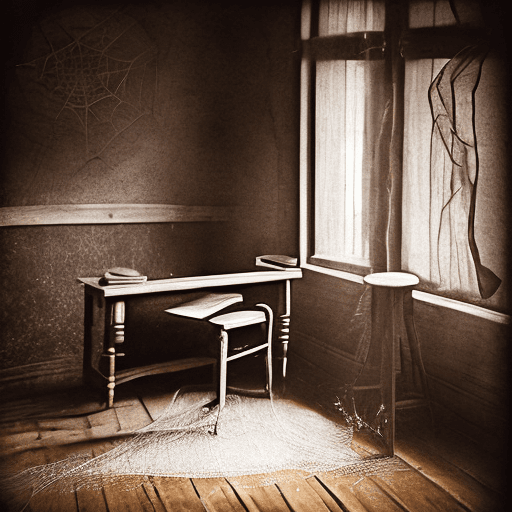 AI generated: Real image, old slr camera, wooden table, old room with cobweb --ar 16:9 -- --v 5.2