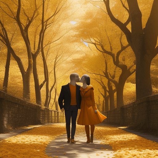 AI generated: A path covered with yellow and orange autumn leaves, with a couple in a tender embrace, sharing a ki...