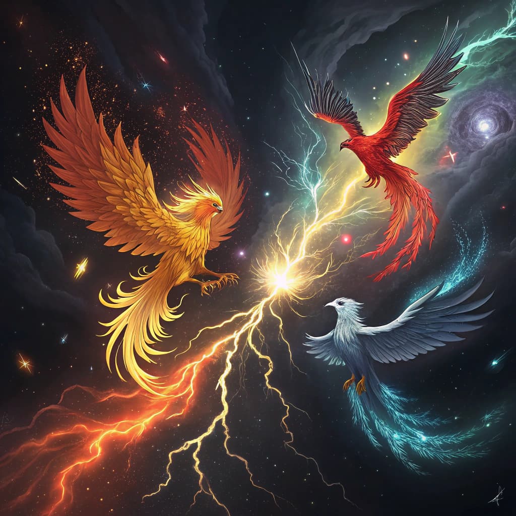 AI generated: 5 elemental phoenixes clashing and mixing their powers in a vibrant aesthetic explosion as they're a...
