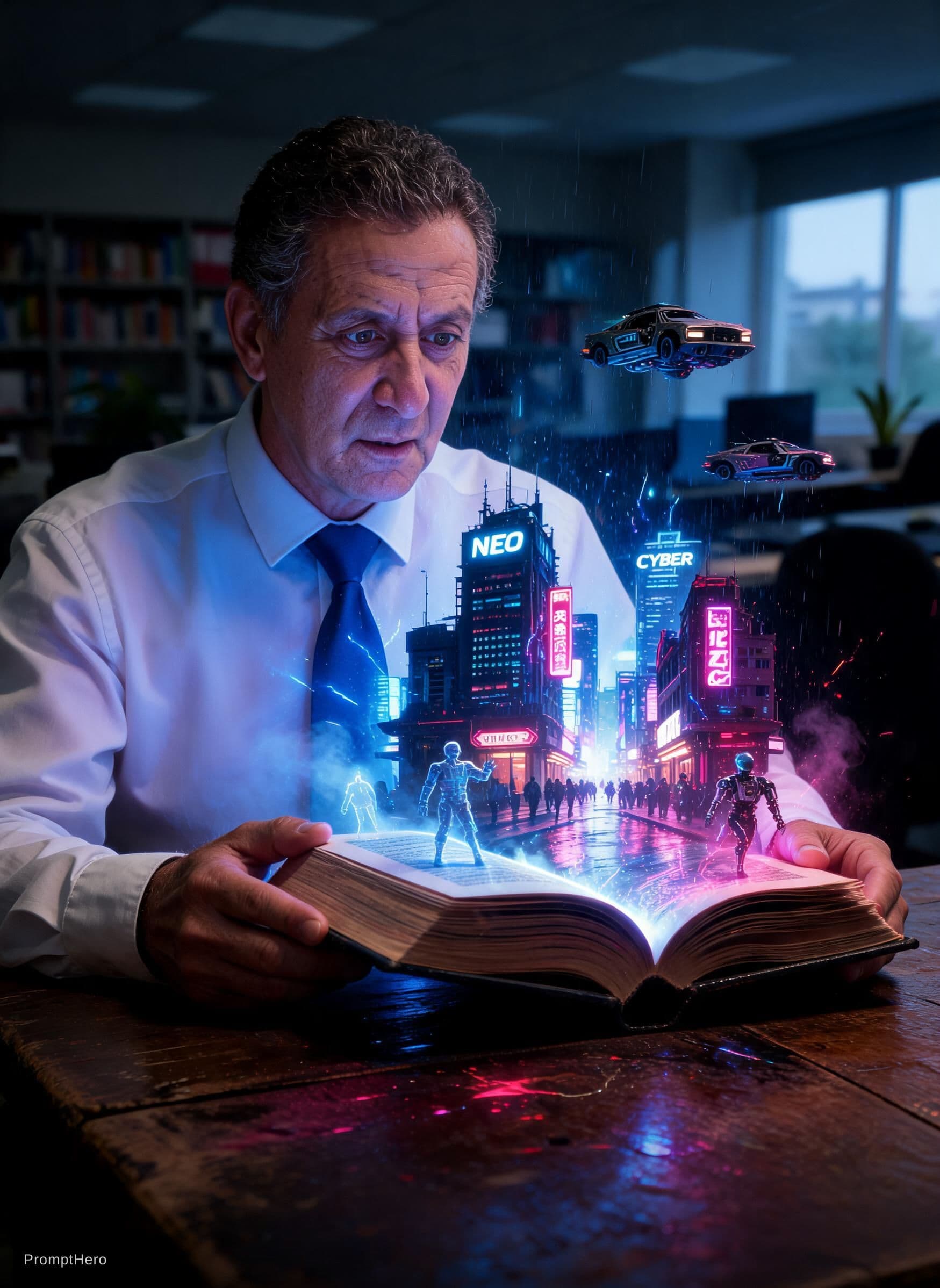 AI generated: Persona leyendo un libro sobre una mesa. Al pasar las páginas, estalla una luz azul y magenta que fo...