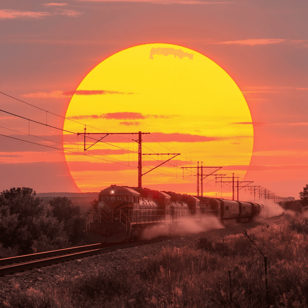 AI generated: Rock n Roll Train - Early Sunrise - big sun background