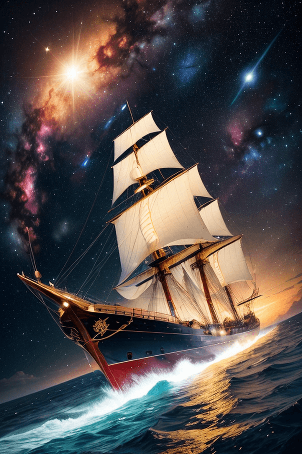AI generated: ((Best quality)), ((masterpiece)), (detailed), an awe-inspiring portrayal of a celestial sailing shi...