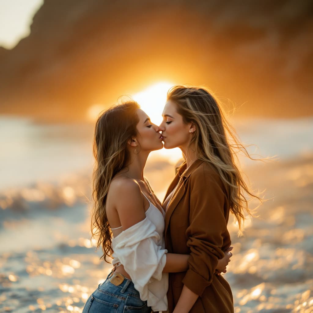 AI generated: two nice women in beach kiss together