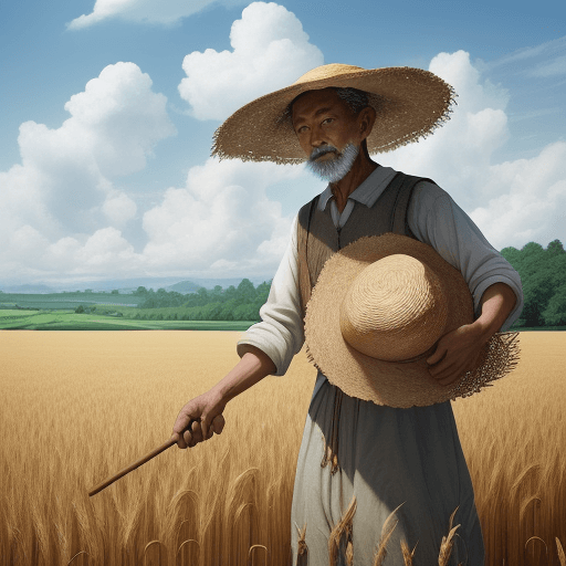 AI generated: A peasant uncle with a straw hat stands in a wheat field, big clouds, blue sky, rice field, neat ric...