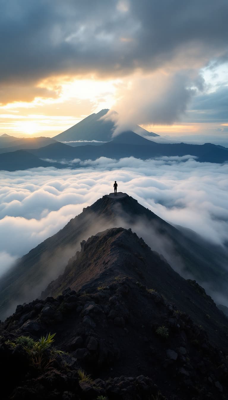 AI generated: Epic landscape of Mount Batur volcano summit at dawn, person standing on the peak above clouds, dram...