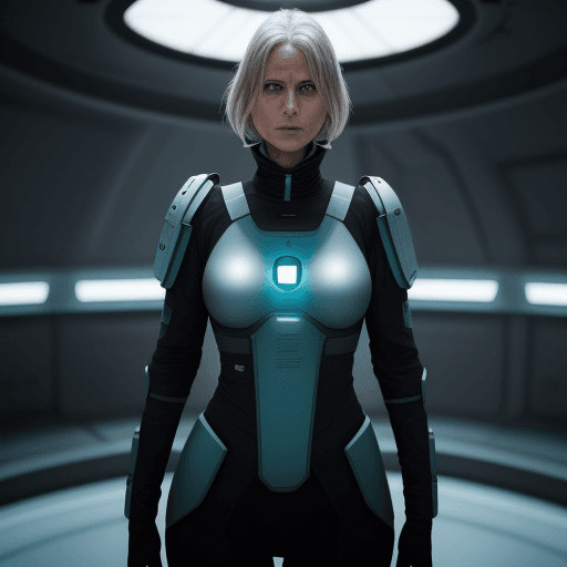 AI generated: sci-fi bild, frau, 26 jahre, 1,68, schlank, 58kg, dunkelblau hüftlanges Haar, 
weiß alles besser und...