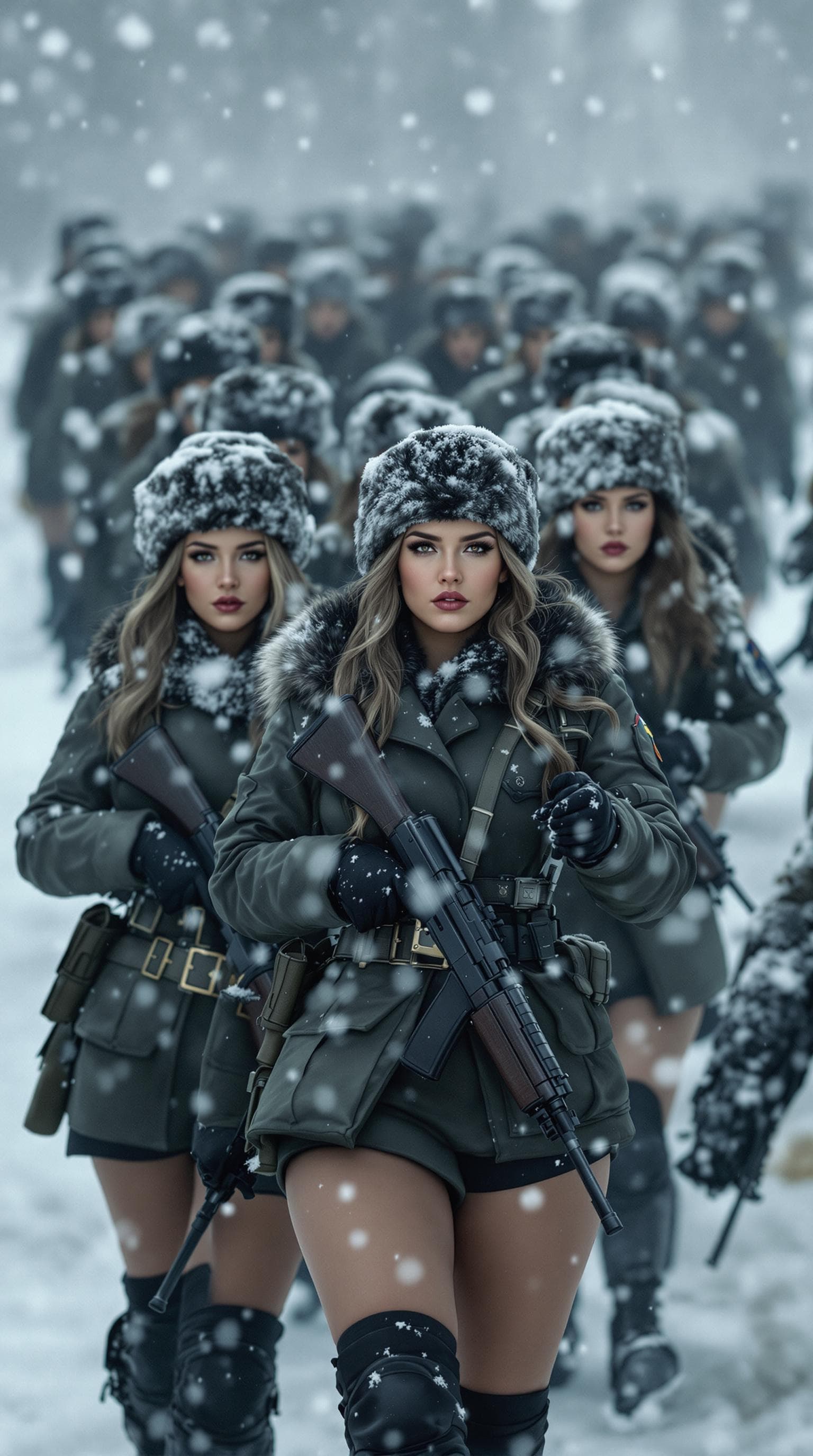 AI generated: A regiment of Russian female soldiers with curvy bodies marching through a snowy military base. They...