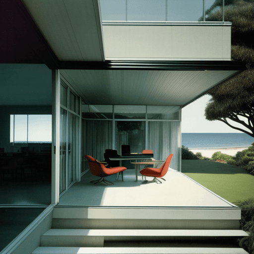 AI generated: Hyper realistic eye level exterior photo of a mid century modern style house overlooking the ocean, ...