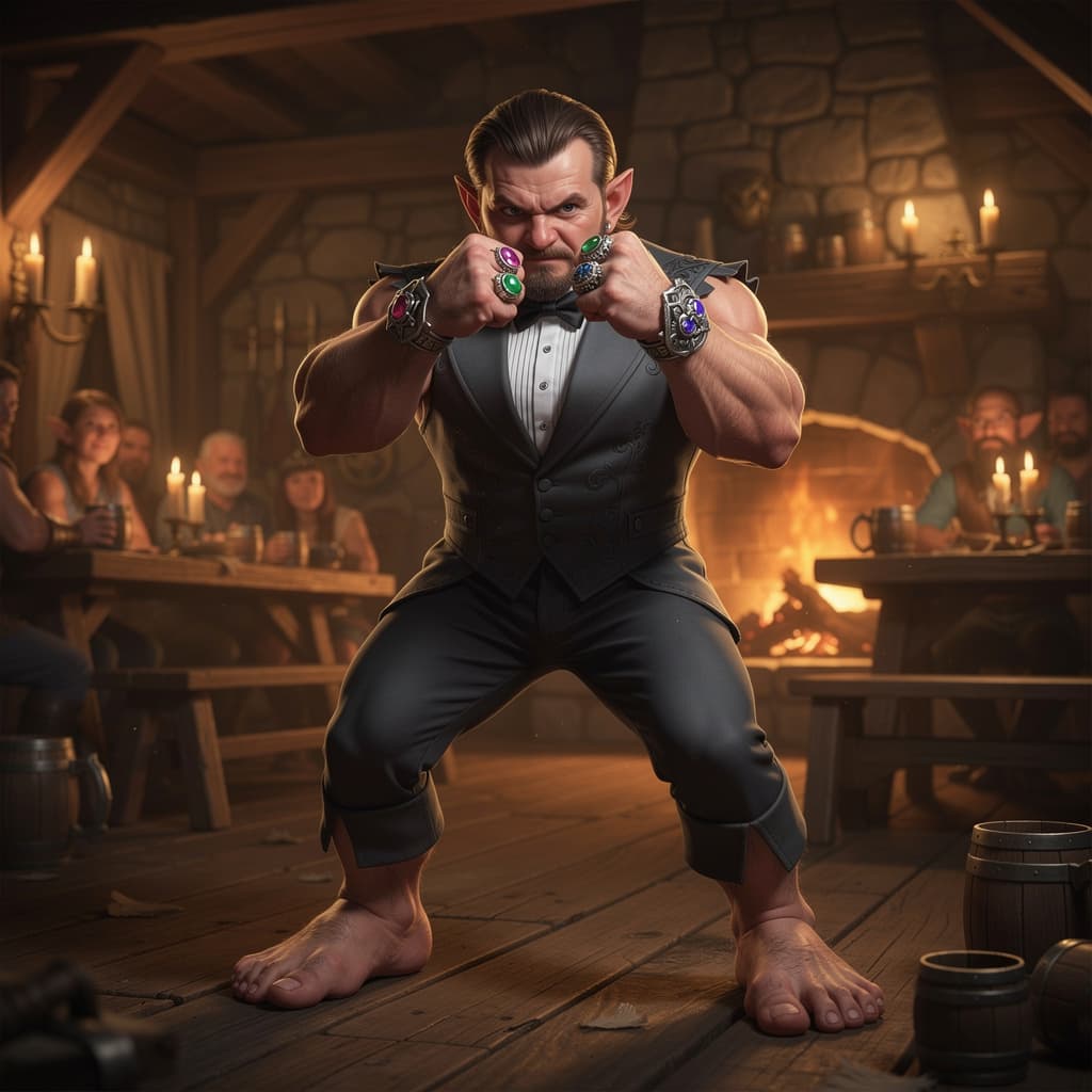 AI generated: muscular male halfling with large bare feet, wearing a sleeveless medieval tuxedo, in a boxing stanc...