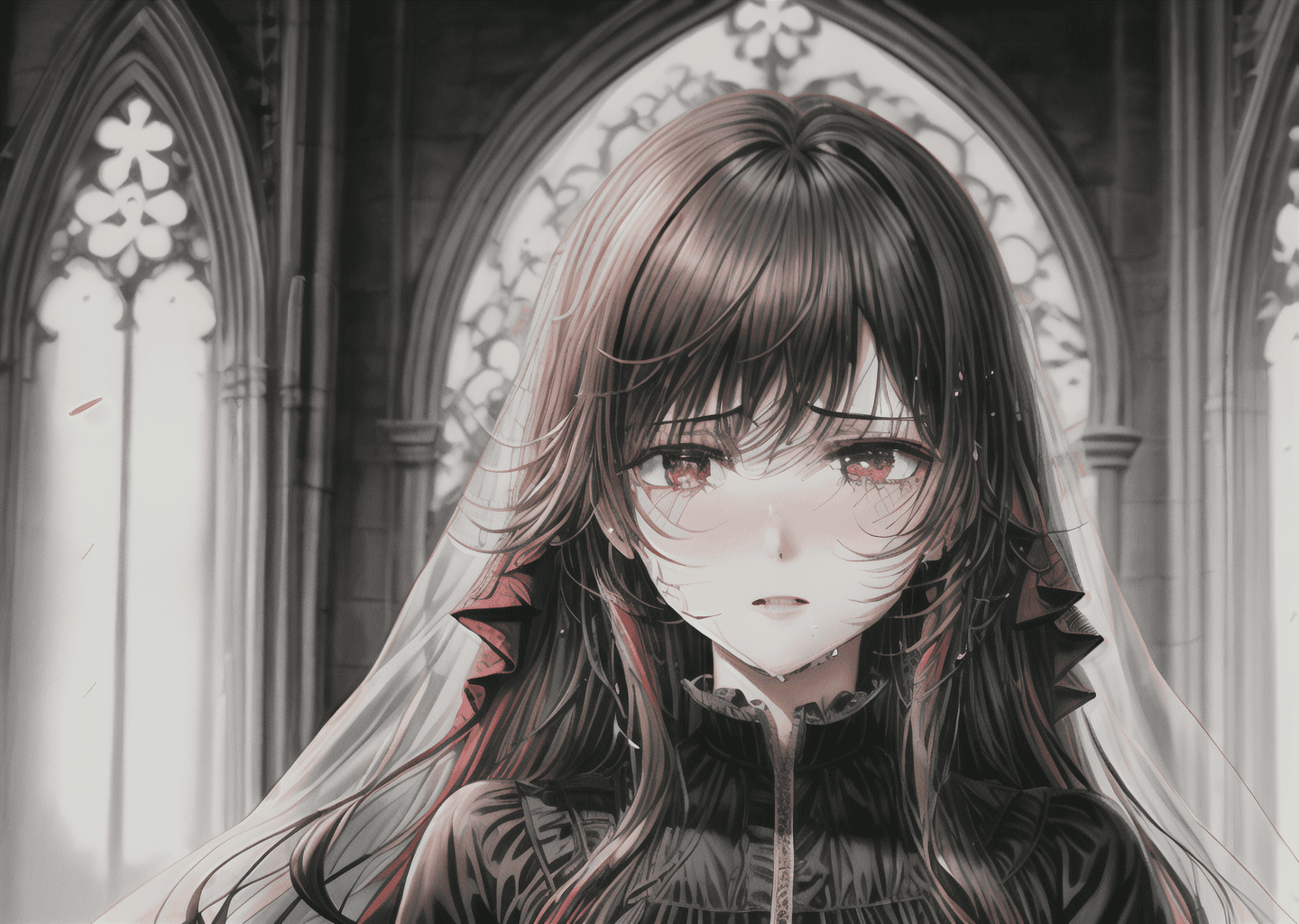 AI generated: Woman crying, sad look, deeply sad facial expression, red and swollen eyes, red nose, wet cheek, hal...