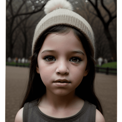 AI generated: creative photo of a New York child with thick, long black eyelashes, Central Park, wood background, ...