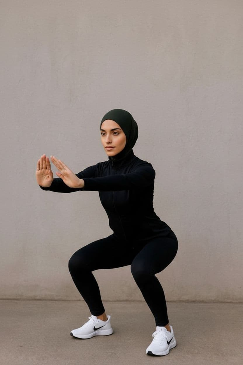 AI generated: Fitness model arab woman dressed in black with hijab and not showing any part of the body. Minimalis...