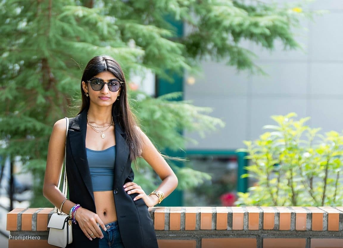 AI generated: Mia Khalifa black jacket big chest

