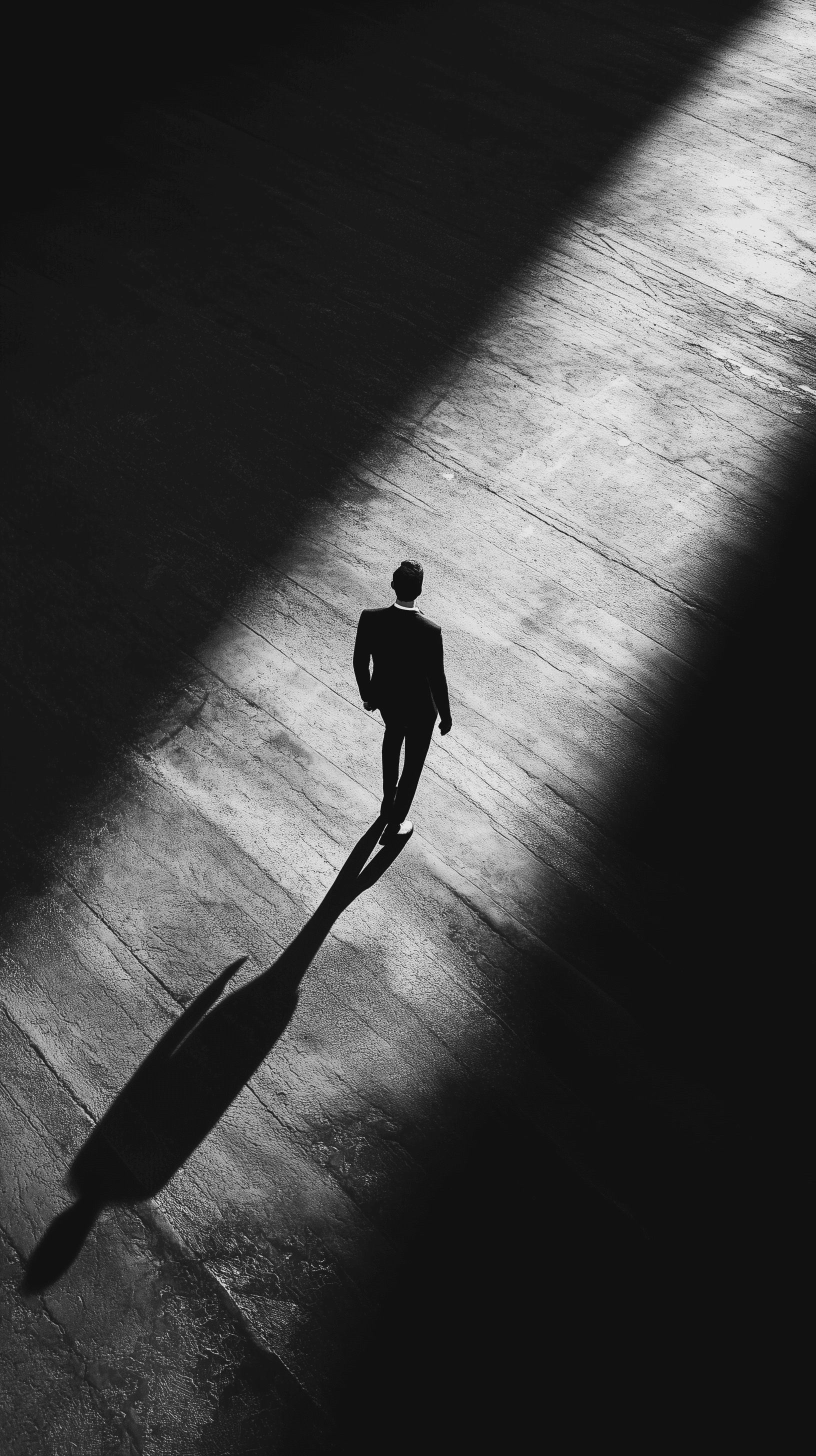 AI generated: noir, dramatic, minimal, solitary figure, black and white photography, long shot, aerial view, captu...