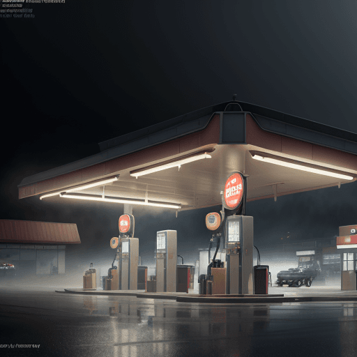 AI generated: a highly detailed matte painting of a single gas station with a sign in the fog by studio ghibli, ma...