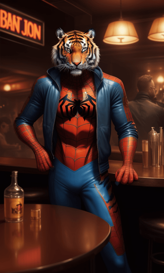 AI generated: A tiger is smoking in a bar, hyperrealistic futuristic,wearing spiderman jacket, 8k, artstation