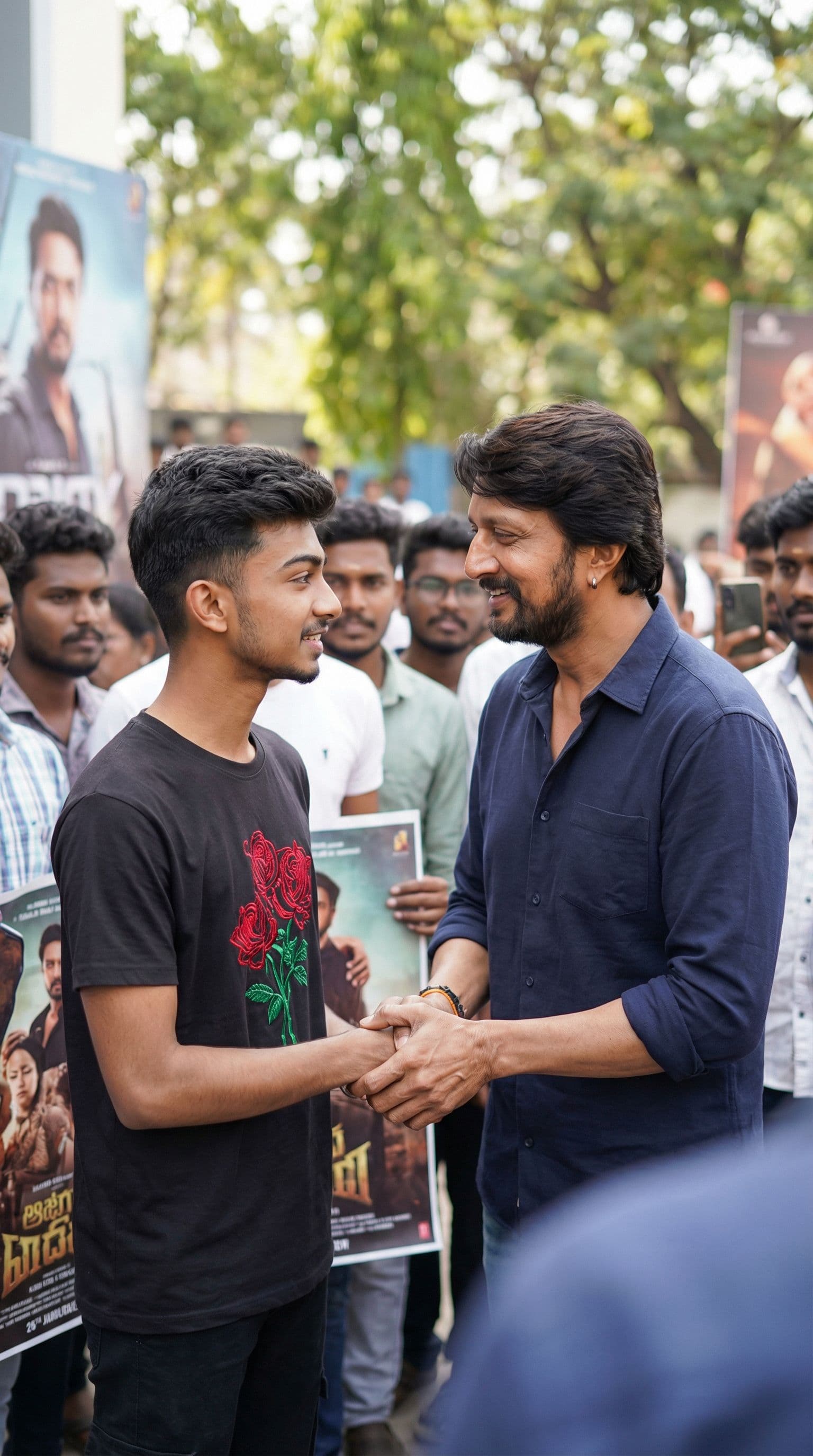 AI generated: Stand and shaking hand with kichha sudeep