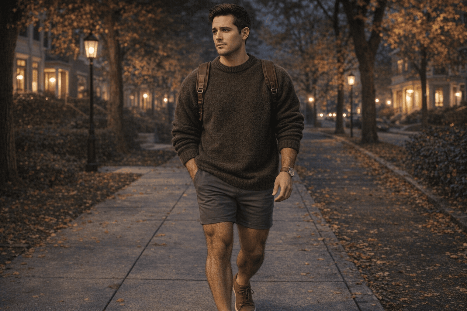 AI generated: In a cold night in the beginning of Autumn. 
The model is walking on the sidewalk in a very nice nei...
