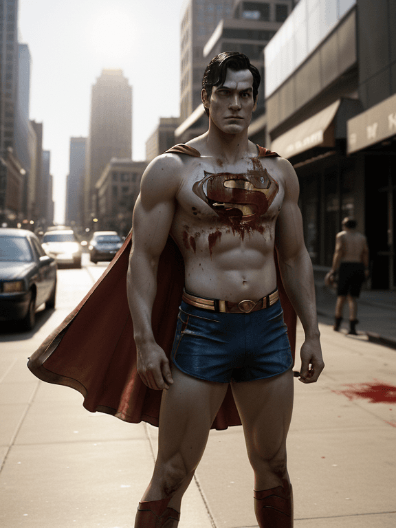 AI generated: Superman is dead, deadly, blood, bloody, in the city, late afternoon, standing, ((full length)), han...