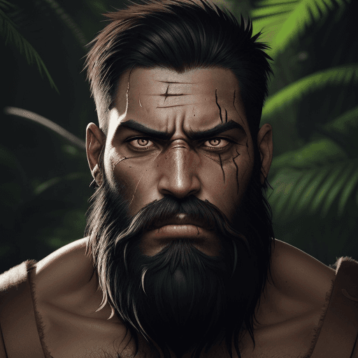 AI generated: MEN, JUNGLE,dark warpaint :: scruffy black beard :: angry expression :: scar on face , 8k