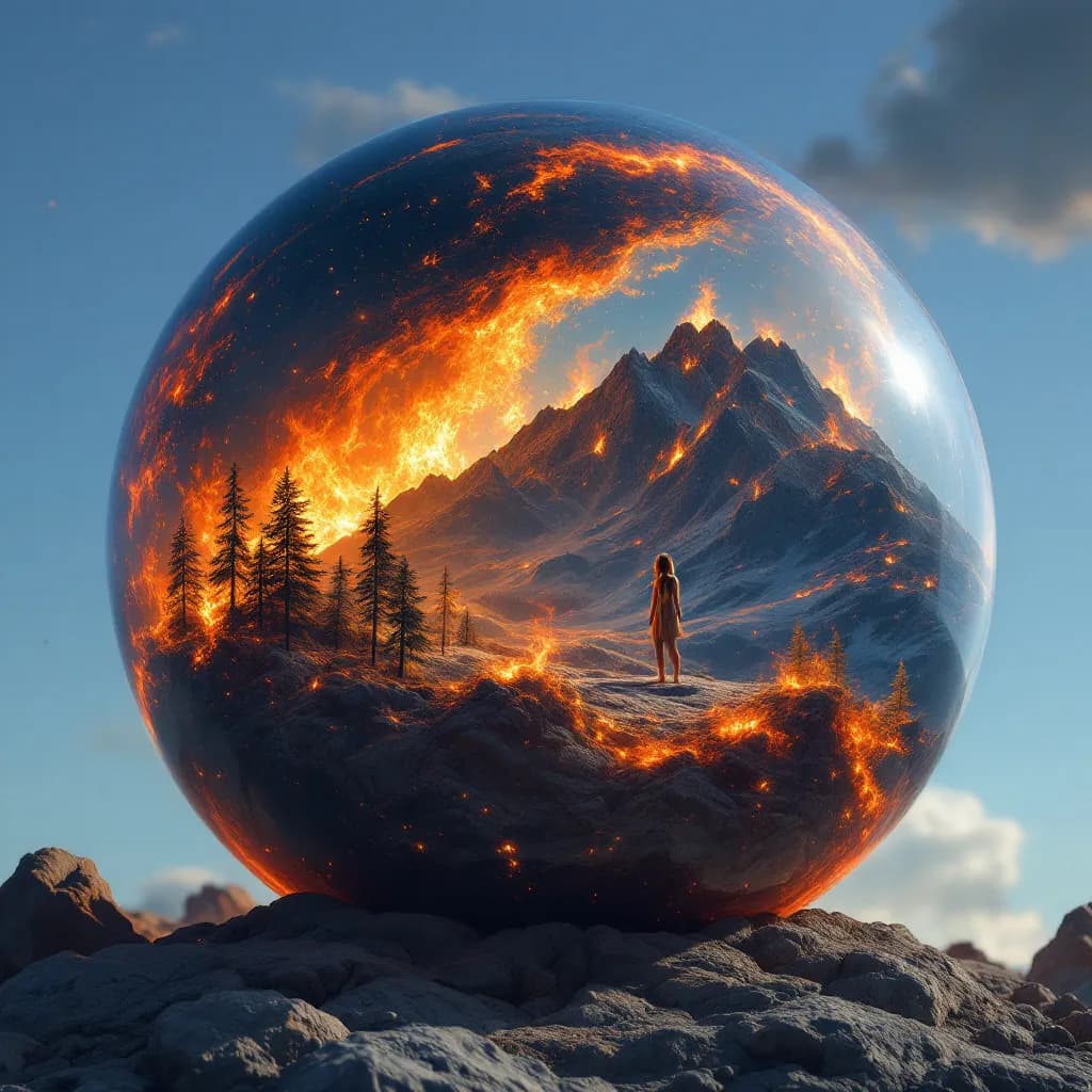 AI generated: glass orb set in a clear blue sky, inside orb is an extremely detailed planet on fire with mountains...