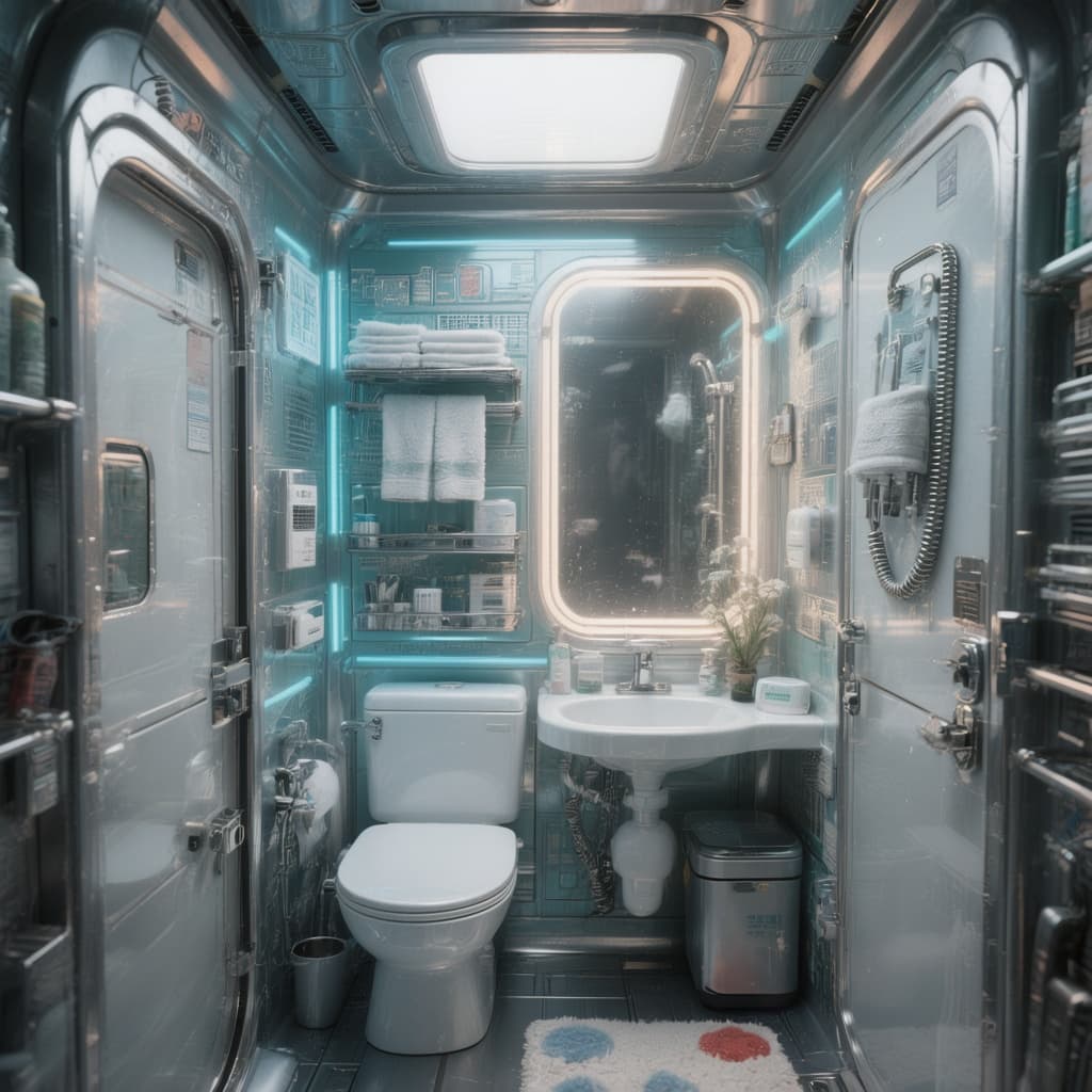 AI generated: highly detailed futuristic image of a small apartment bathroom
