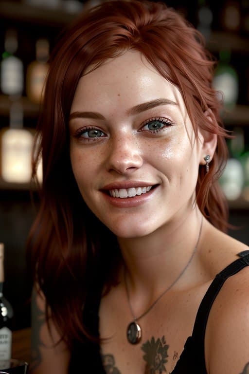 AI generated: a woman with red hair sticking out, She sits and laughs and winks at me, drunk,bar, a realistic grit...