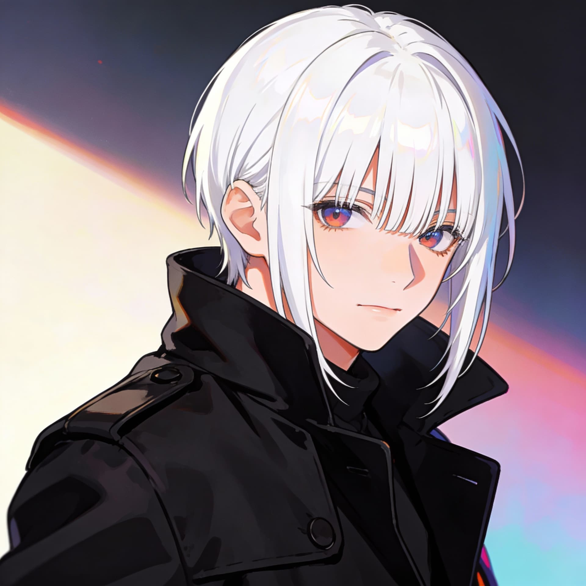 AI generated: Single Beautyful young boy, white hair with long bangs, anime face, ultra detailed, hd, black coat b...