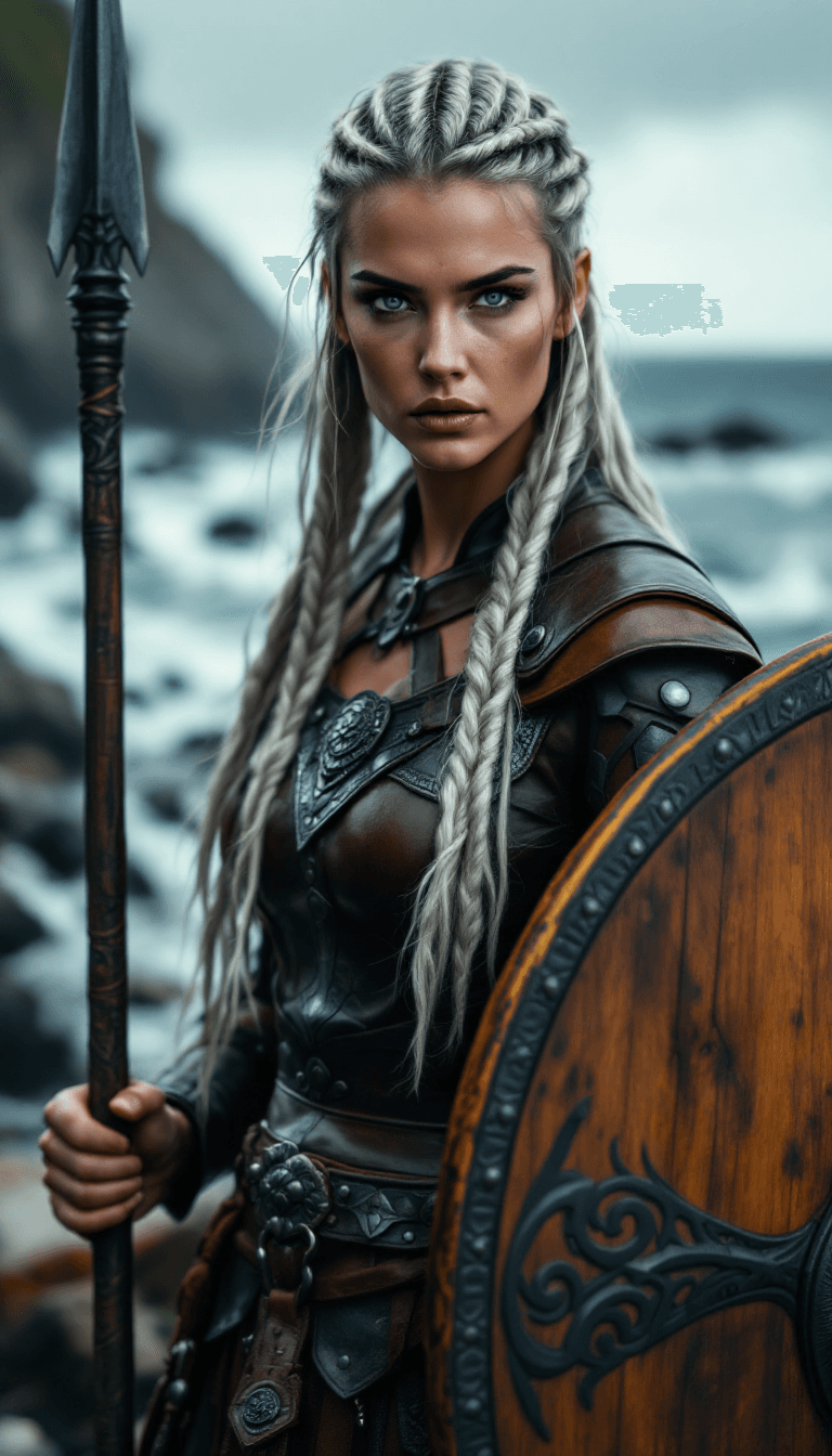 AI generated: A hyper-realistic full-body image of a Viking woman looking at the camera with very long silver brai...