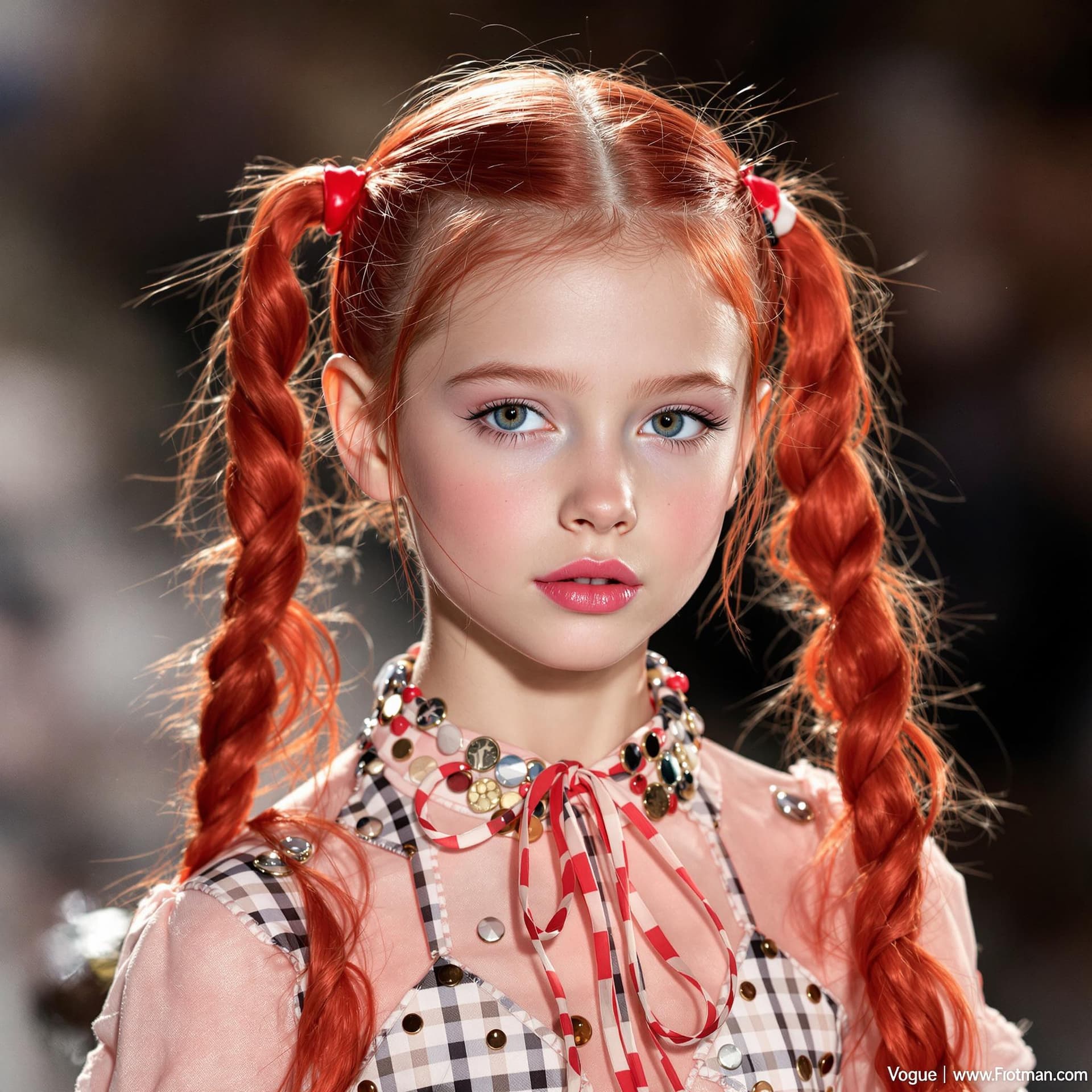AI generated: Vogue runway model child girl with long red pigtails in candycore hair style, pale skin and light pi...