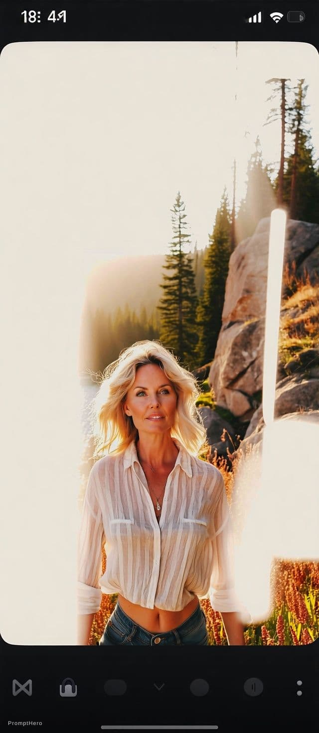 AI generated: A photorealistic portrait of an adult woman with voluminous, windswept blonde hair, captured in a na...